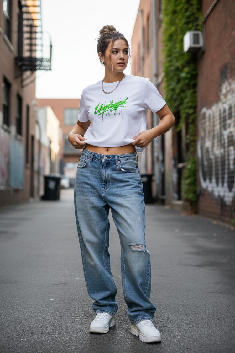 Model wearing crop tee