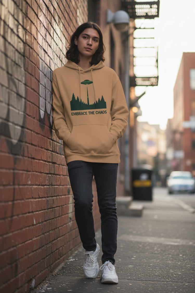 Model wearing Embrace the Chaos hoodie