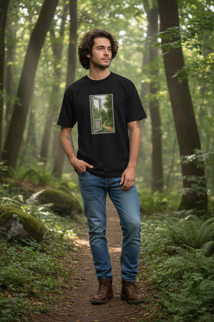 Model wearing Escape To Nature tee