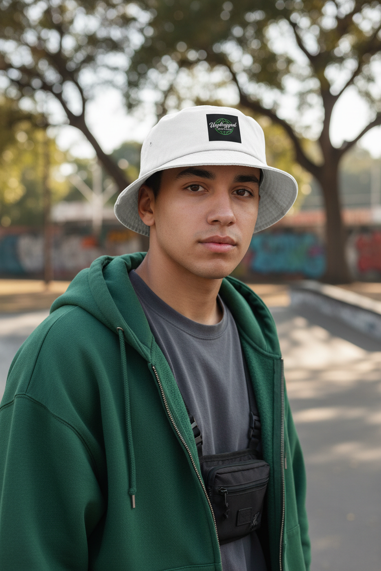 Model wearing Unplugged bucket hat