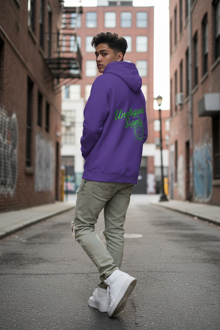 Model wearing Unplugged pullover hoodie