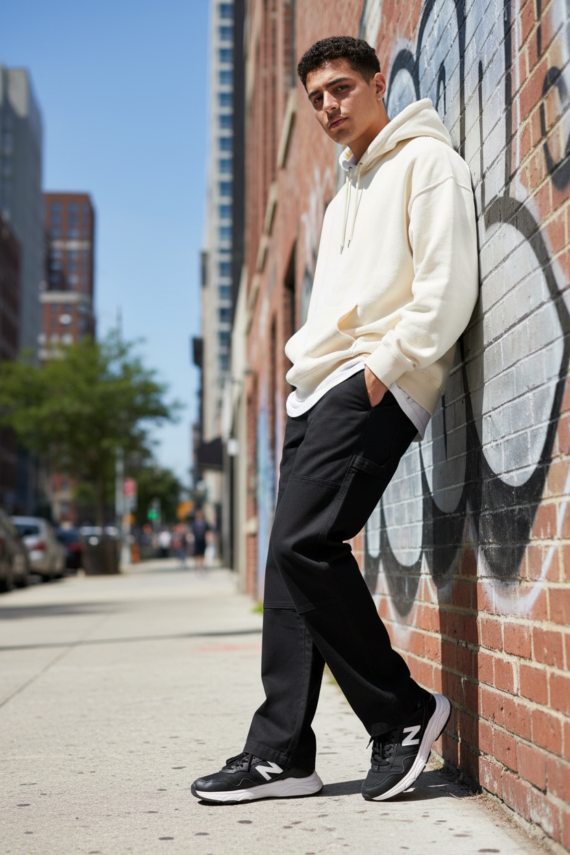 Model wearing canvas pants