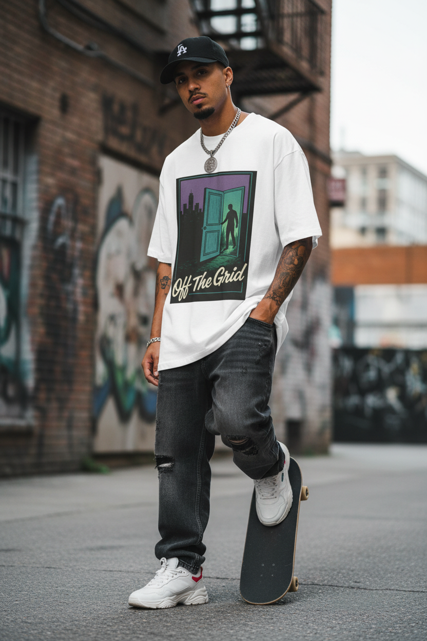 Model wearing Off The Grid tee