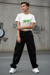 Model wearing UNPLUGGED crop tee - corrected