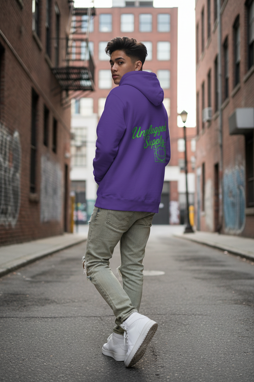 Model wearing Unplugged pullover hoodie